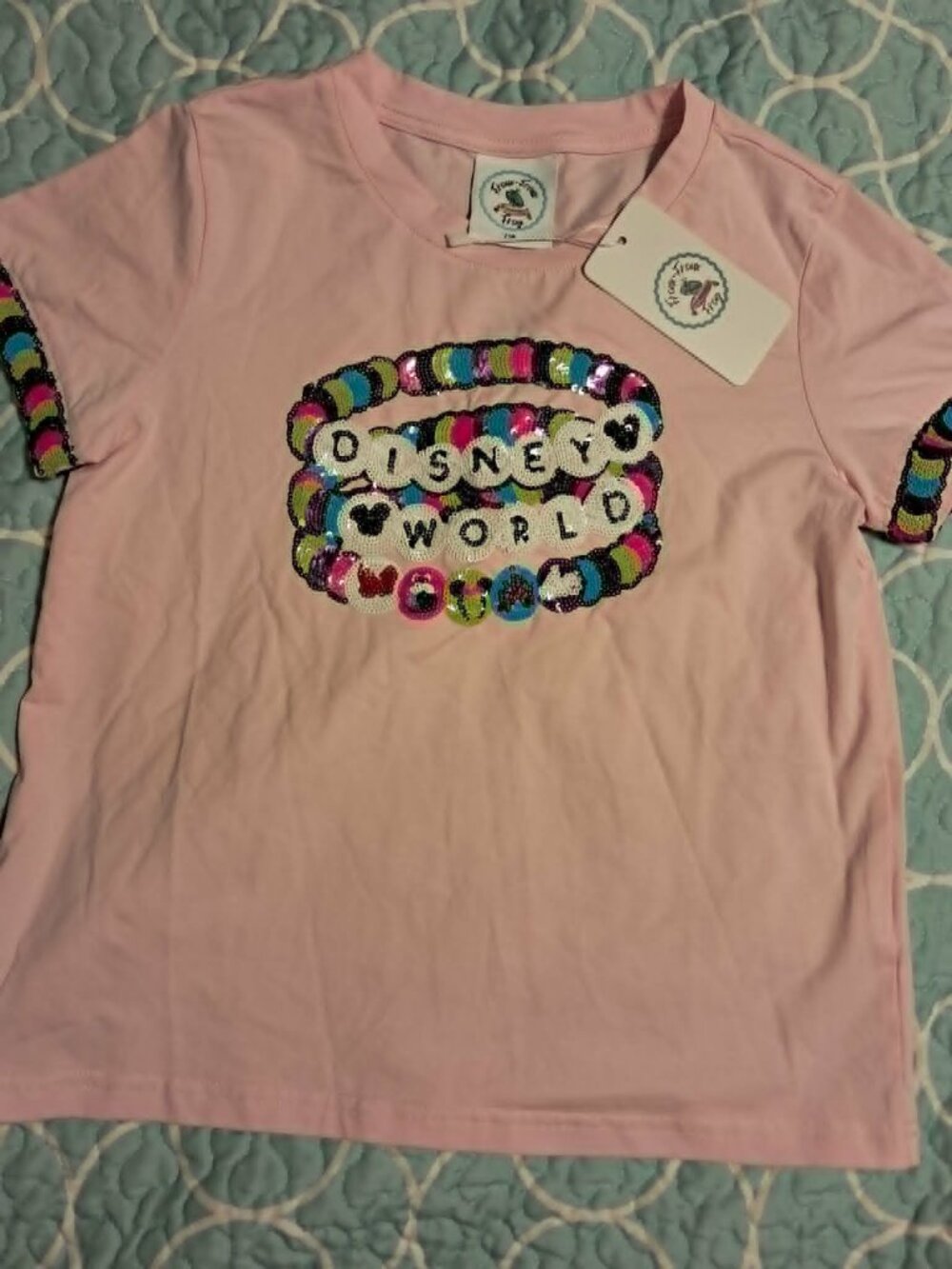FROUX-FROUX FROG PINK SEQUIN DISNEY WORLD SHIRT 7/8 NWT
